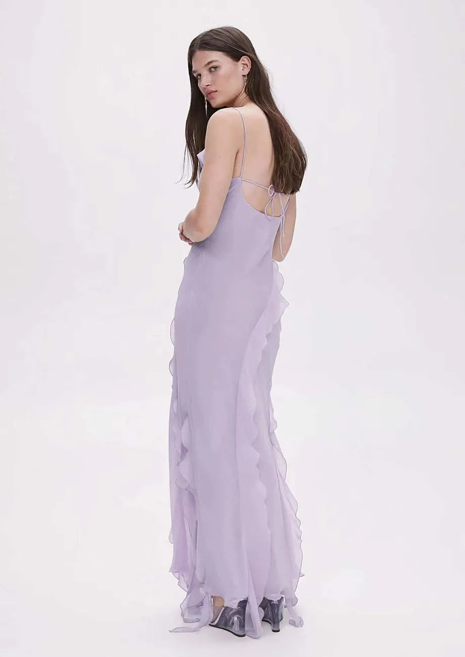 Light Purple Ruffle-detail Long Sheath Dress