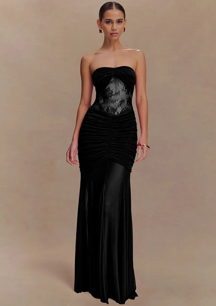 Strapless Lace Maxi Black Dress