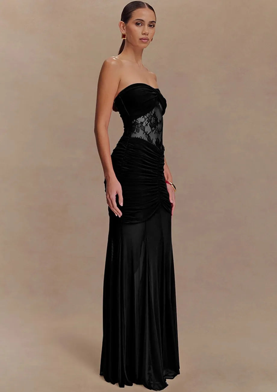 Strapless Lace Maxi Black Dress