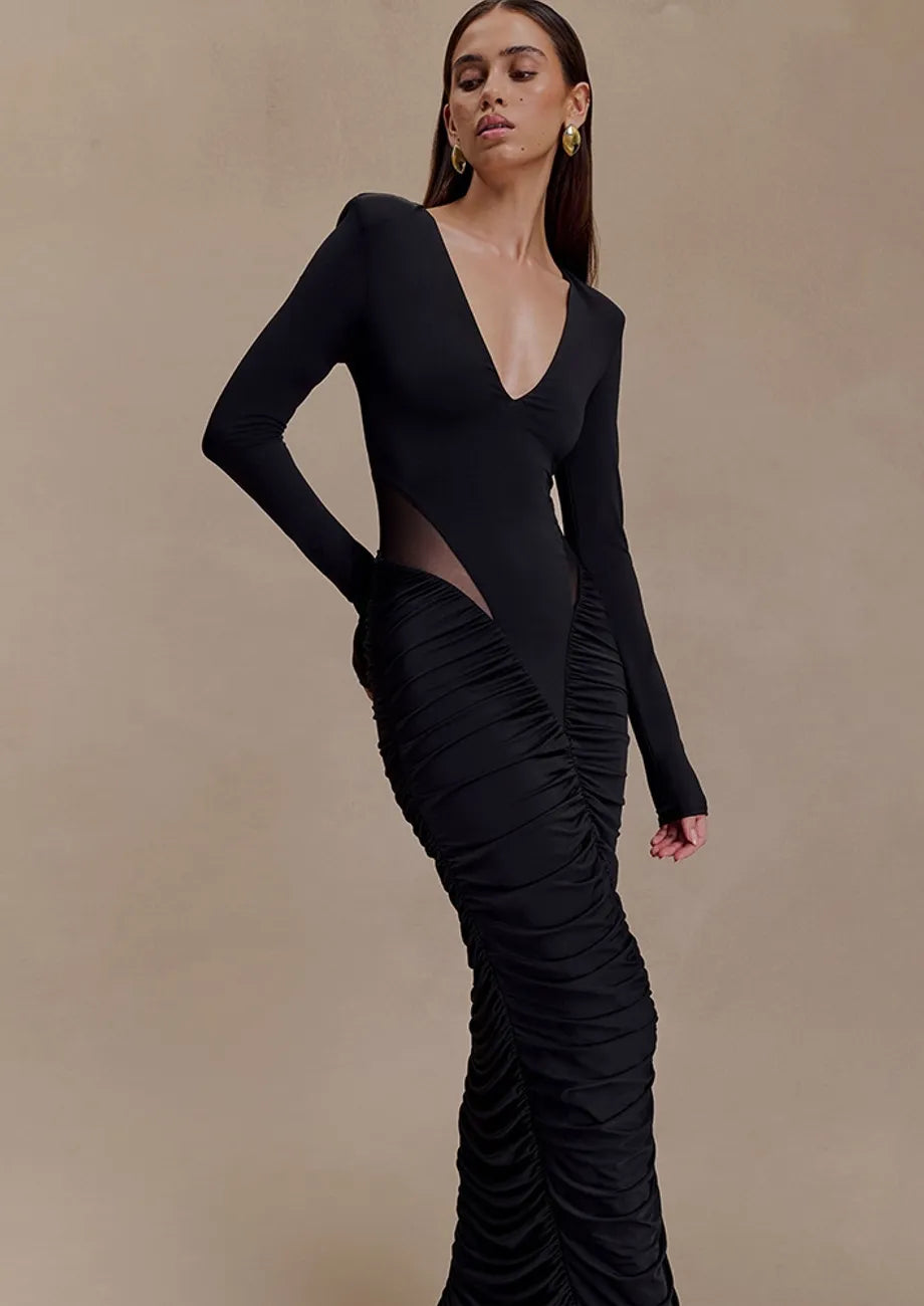 Black Ruched Sheer Panel Dress