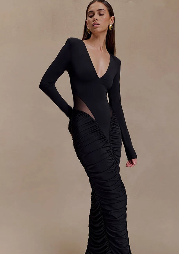 Black Ruched Sheer Panel Dress