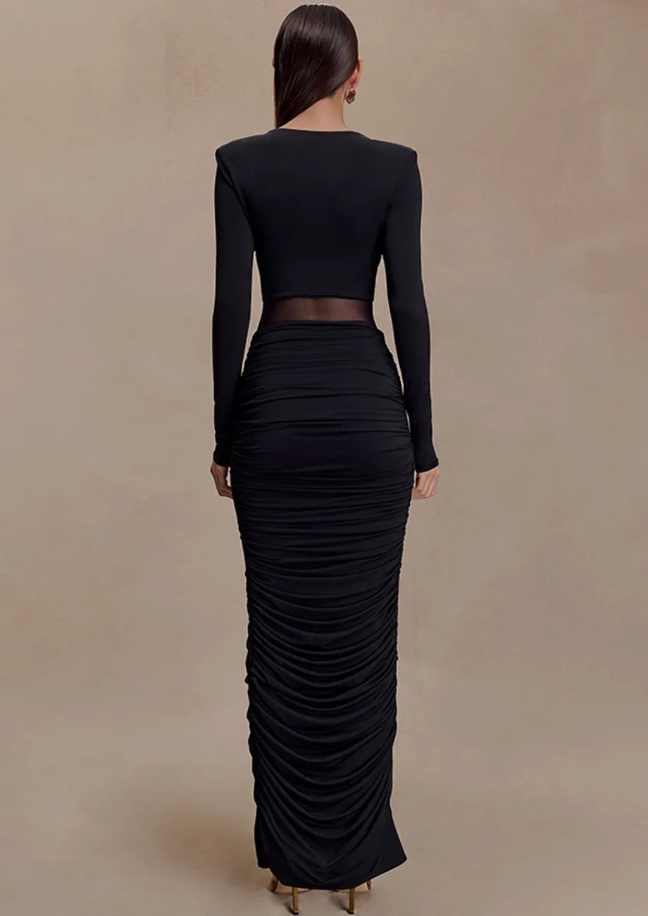 Black Ruched Sheer Panel Dress
